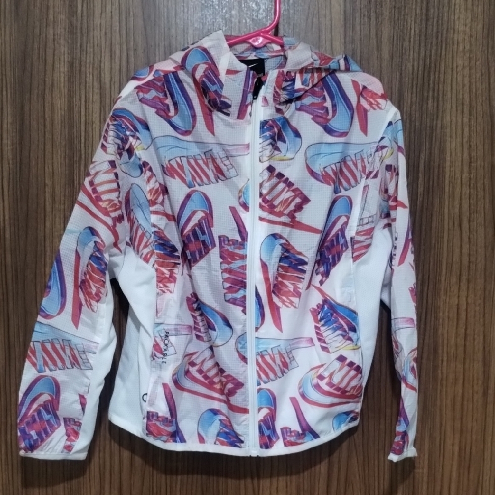 Nike Kids White Hooded Jacket with Pink & Blue Sneaker Print